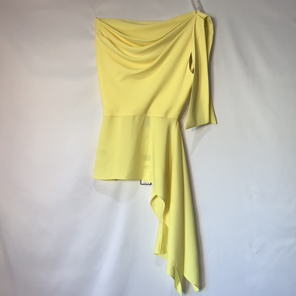 BCBG MAXAZRIA One Shoulder Peplum draped Top Lime Yellow XSmall - Picture 3 of 16